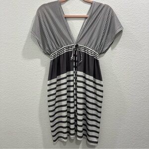 Cristinalove Black and White Striped V‑Neck Swim Coverup with Tie